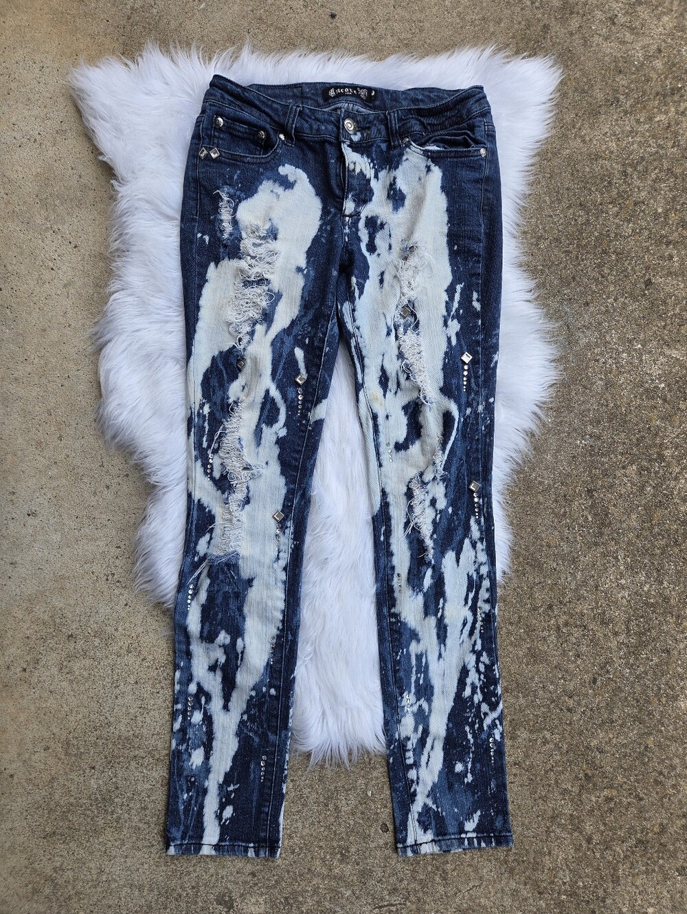 Encore - Bleached Distressed Women’s Jeans - Dark Blue/White - Size 9